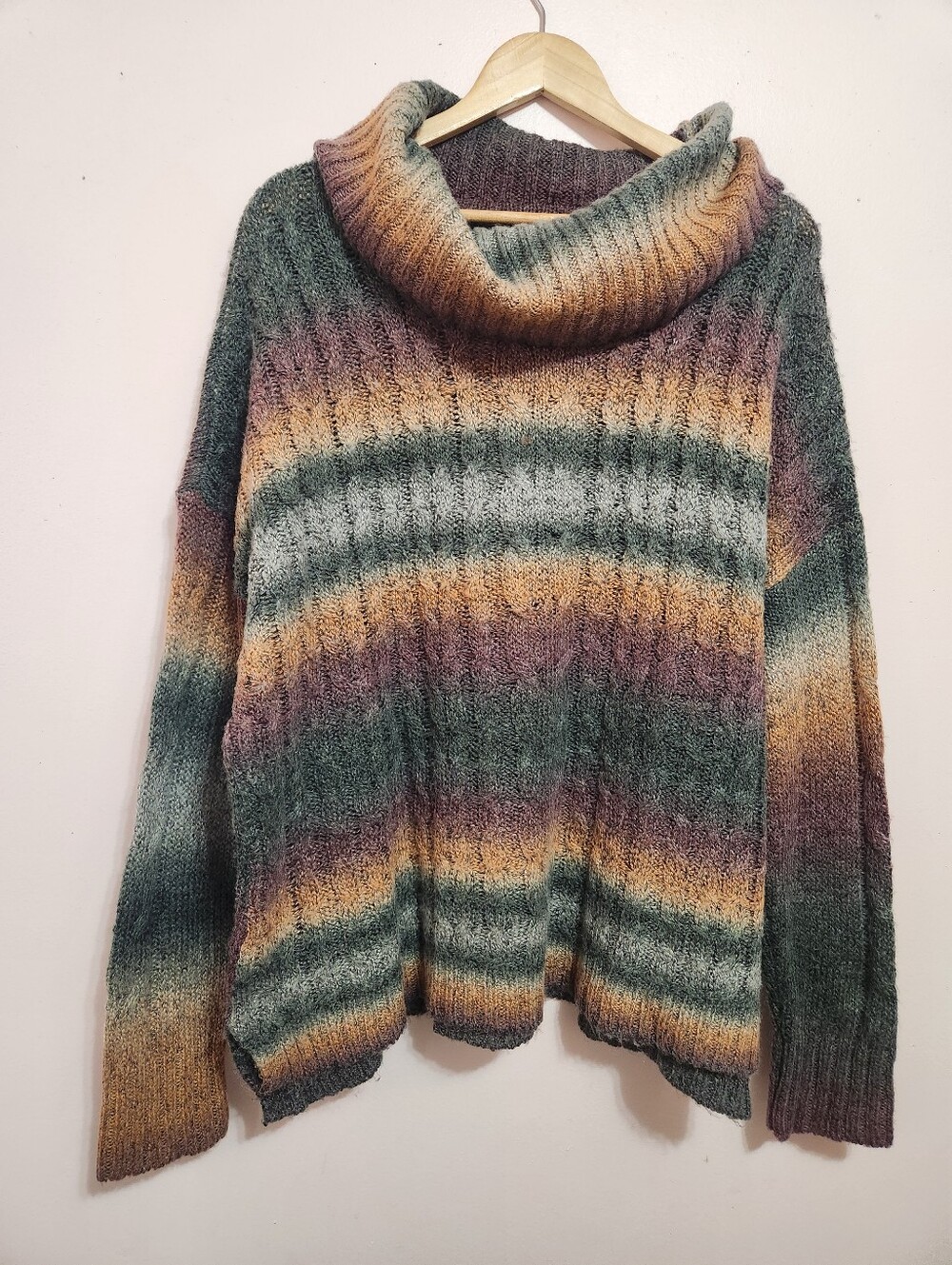 Tribal Oversized Gradient Stripe Cable Knit Cowl Neck Whimsigoth Sweater XXL